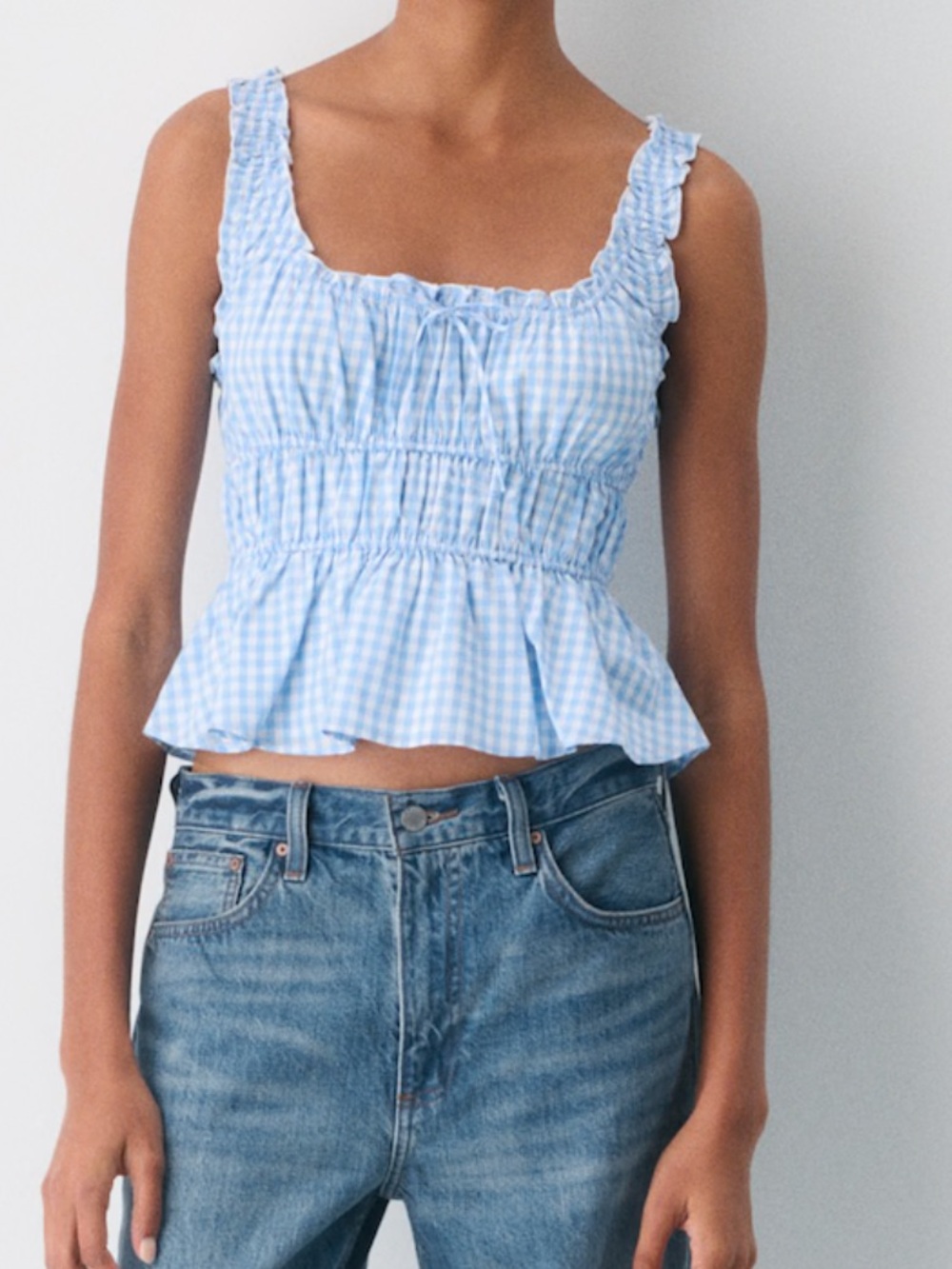 Sunday Best Light Blue Gingham Ruffled Tank Top